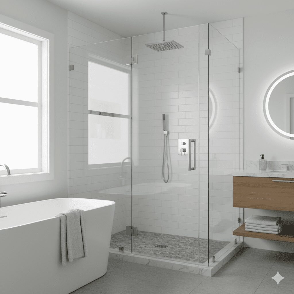 Modern bathroom with a frameless glass shower, white subway tile walls, a rain showerhead, a freestanding tub with a towel, and a wooden vanity with a round backlit mirror. Natural light streams through a large window.