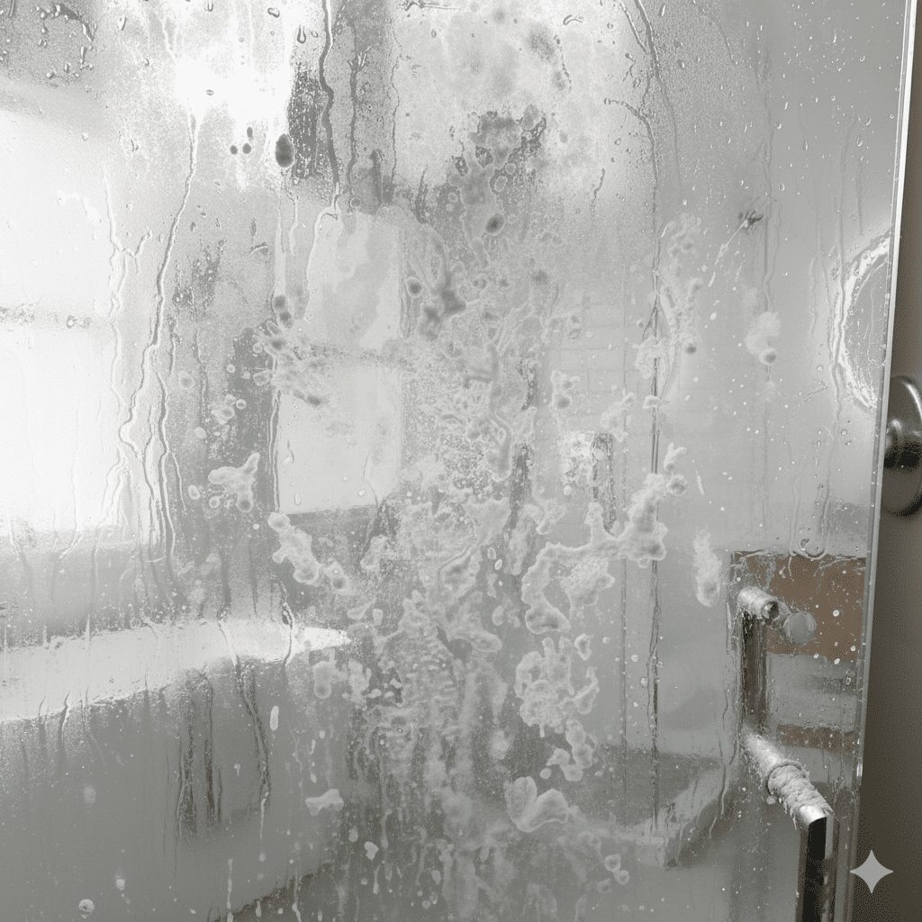A glass shower door covered in soap suds and water droplets, obscuring the view of the bathroom interior behind it. A metallic handle is visible on the right side of the door.