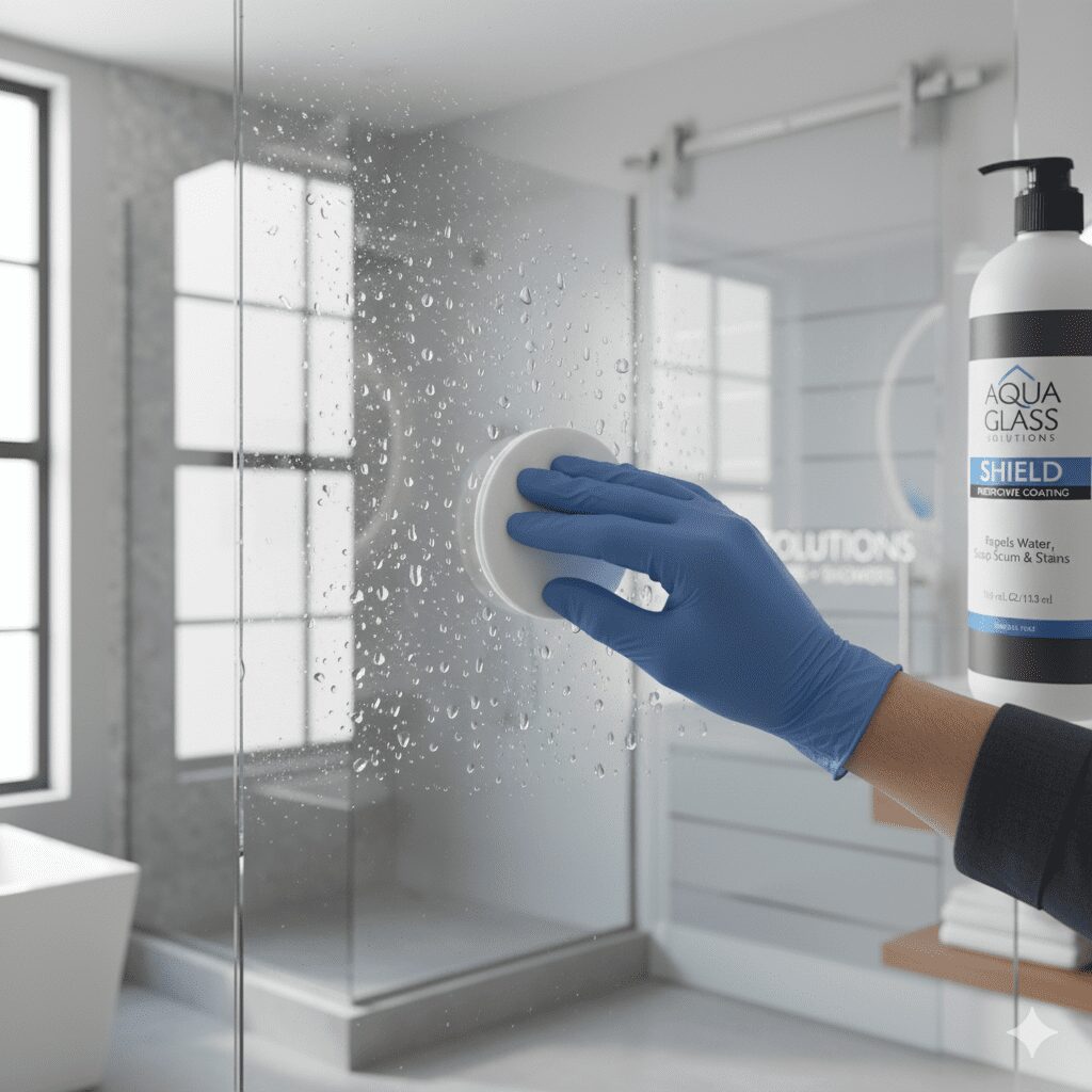 A person wearing a blue glove uses a round sponge to clean a glass shower door, with a bottle of Aqua Glass Shield cleaner nearby in a modern, bright bathroom.