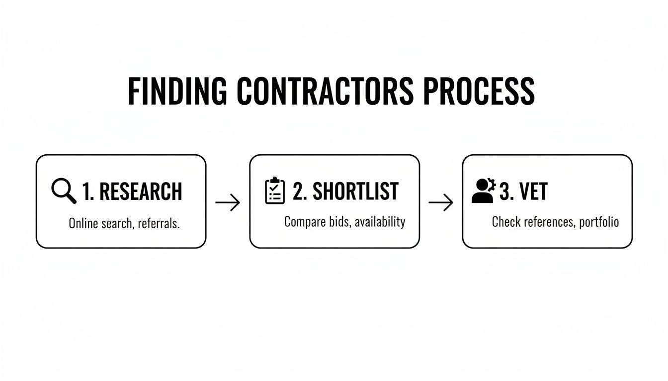 Flowchart illustrating the three-step process for finding contractors: research, shortlist, and vet, with detailed actions.