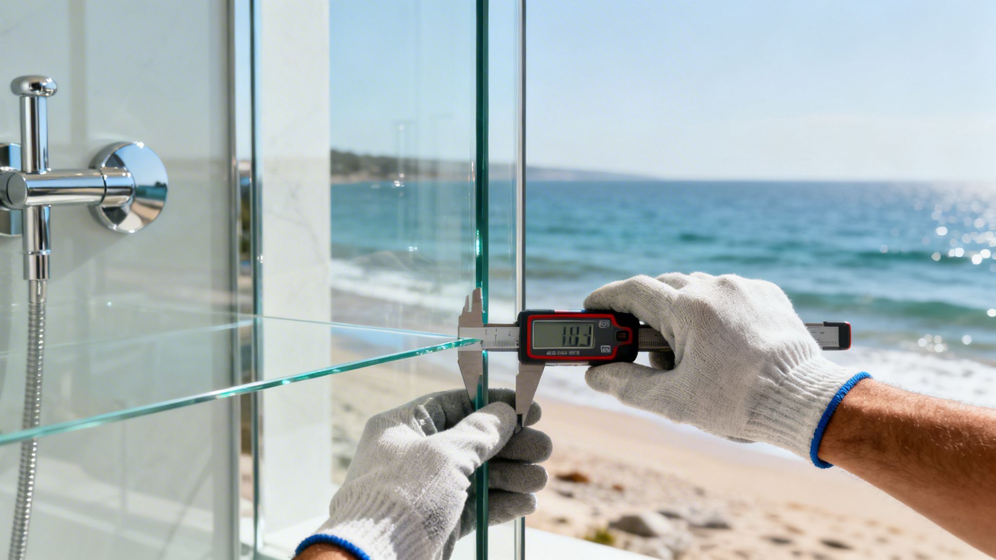 Gloved hands precisely measure the thickness of a clear glass panel with a digital caliper, overlooking a sunny beach and ocean.