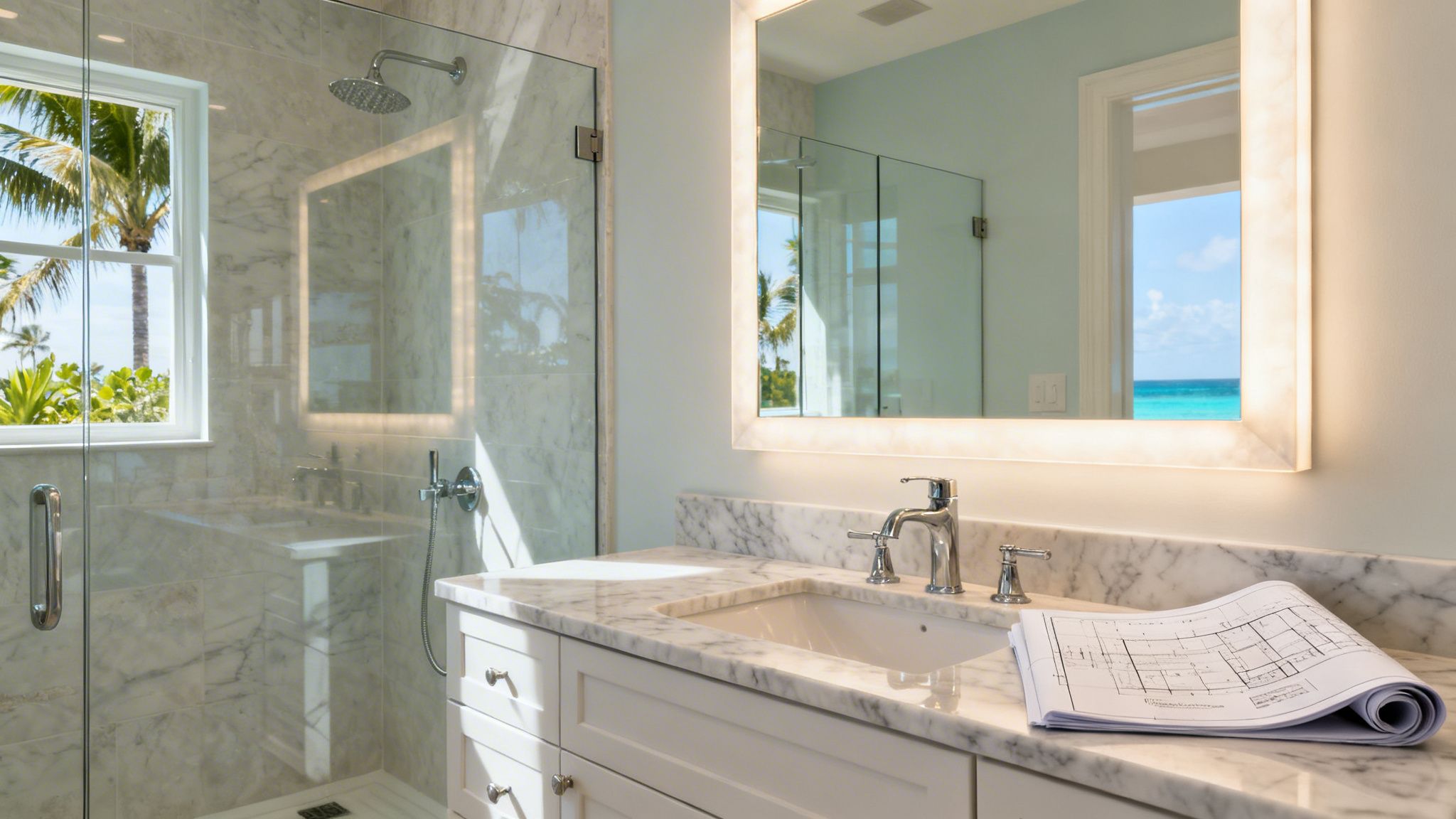 Modern bathroom with marble vanity, walk-in shower, lighted mirror, and tropical ocean view.