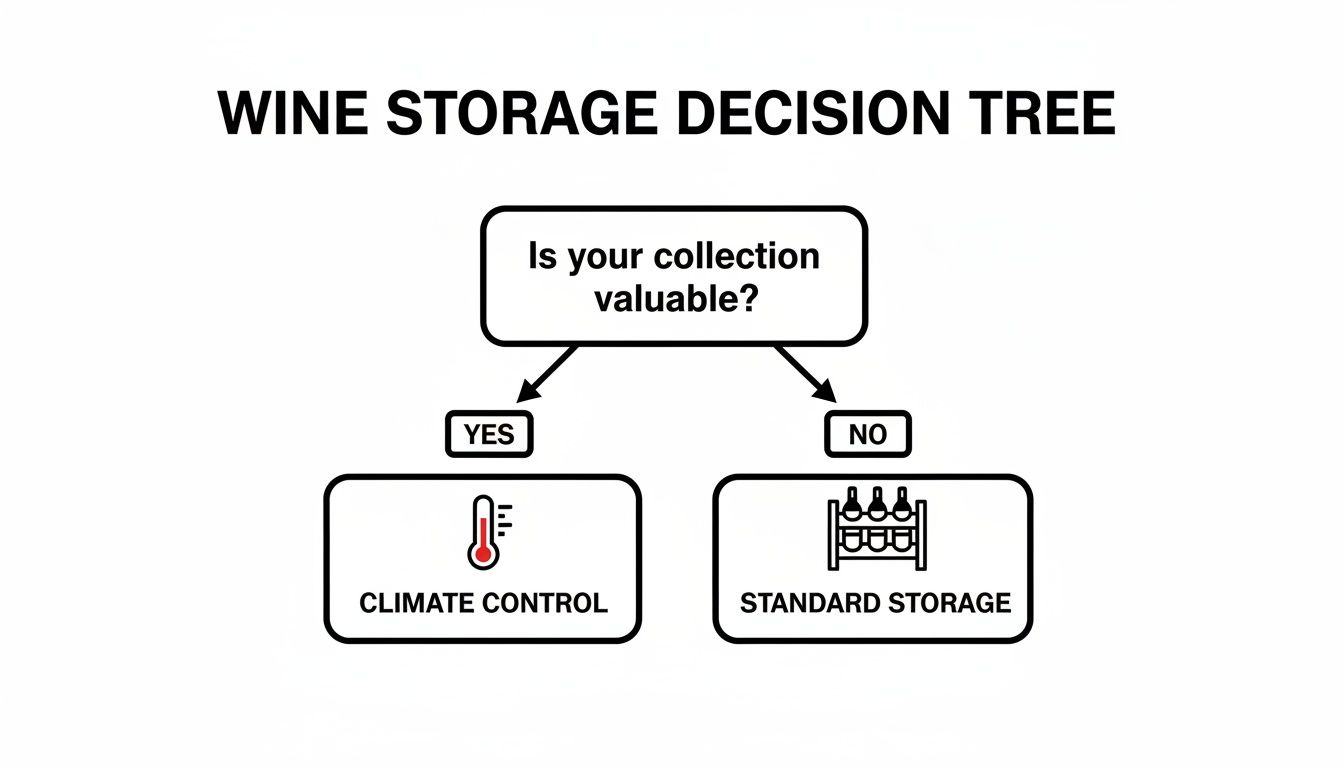 A wine storage decision tree flowchart, guiding users to climate control for valuable collections or standard storage for others.