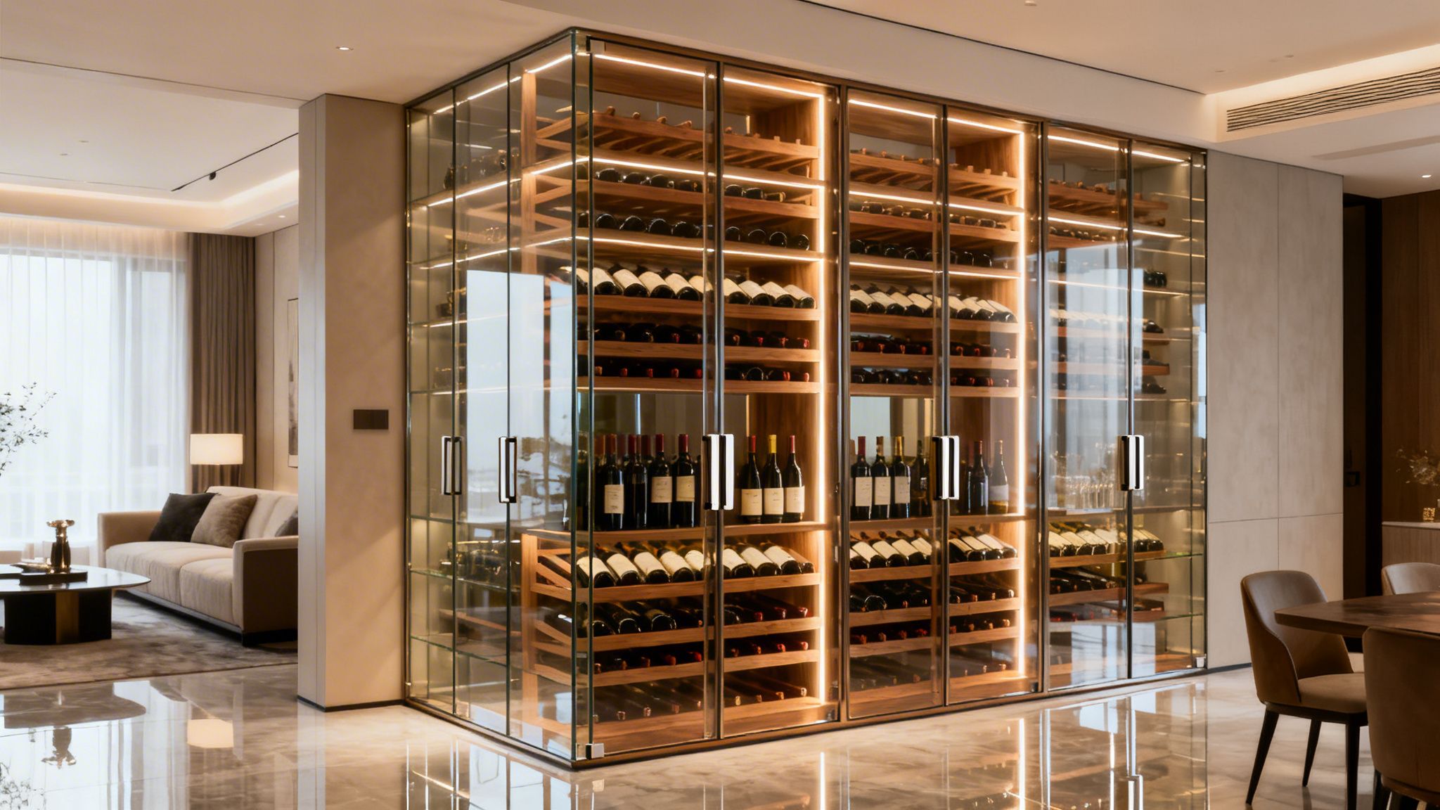A modern, illuminated glass and wood climate-controlled wine cellar filled with numerous wine bottles, showcasing a luxurious interior.