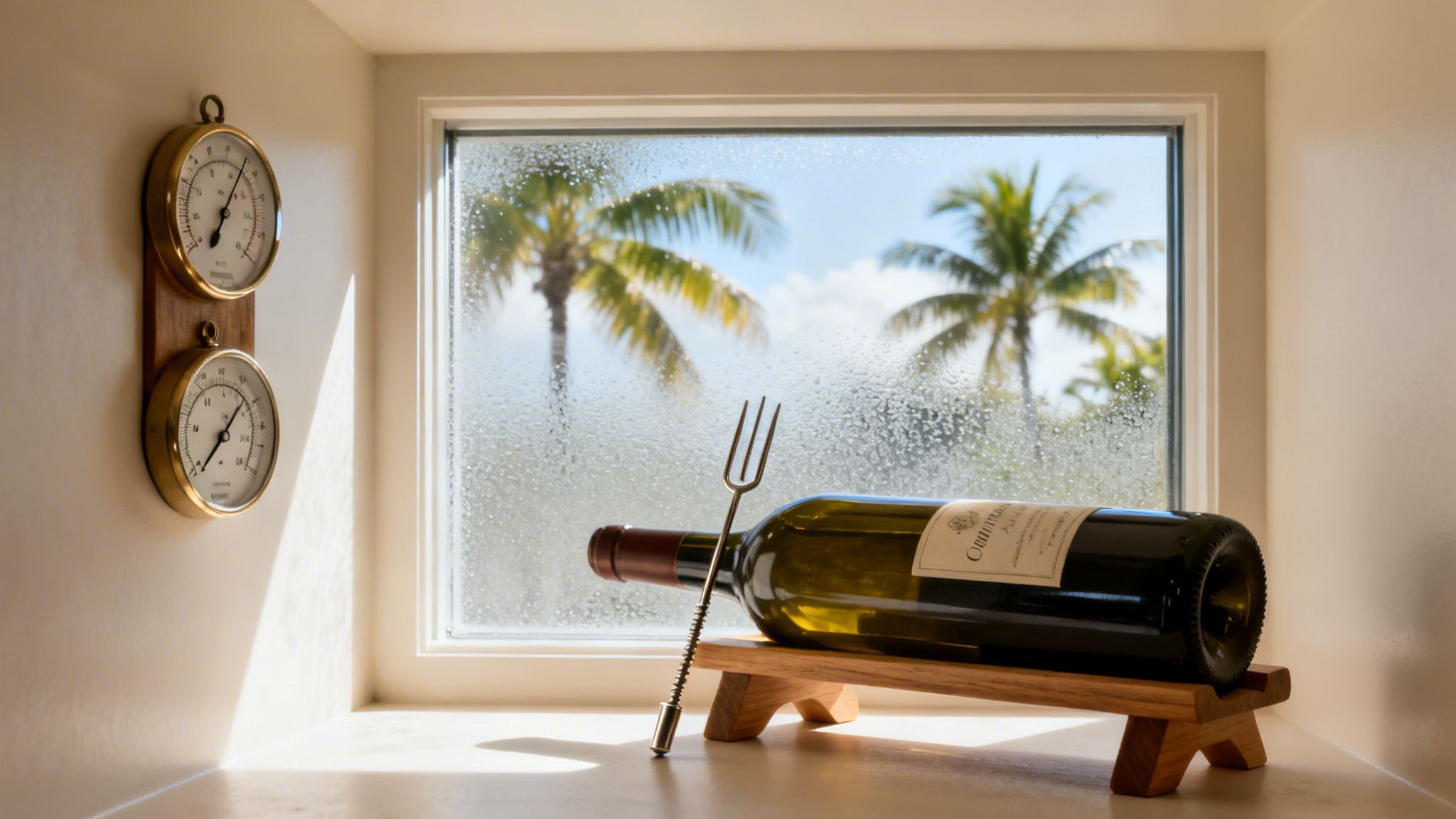 A wine bottle on a wooden stand by a humid window with palm trees and a wall-mounted climate gauge.