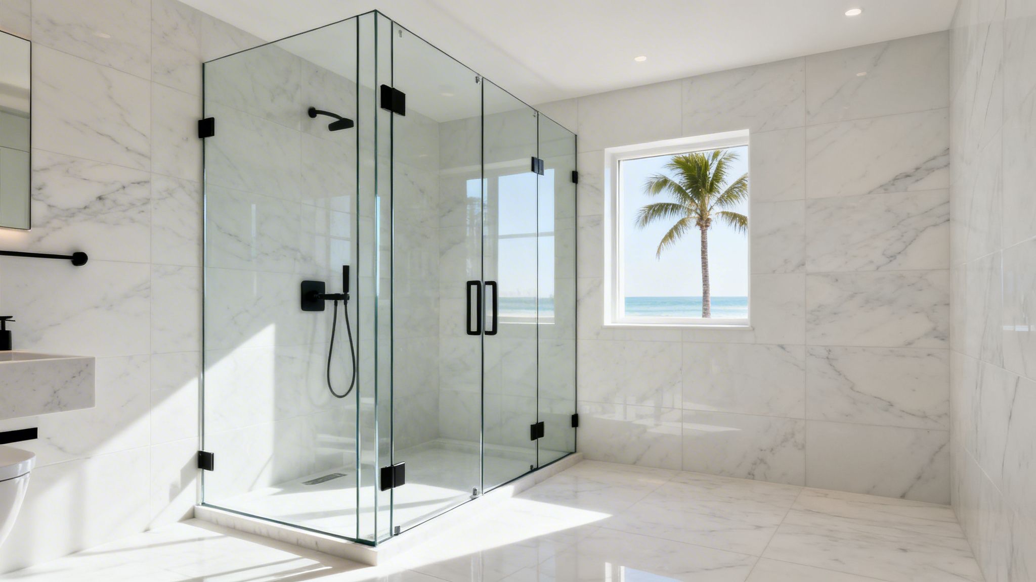 A luxurious white marble bathroom with a large custom glass shower enclosure and ocean view.