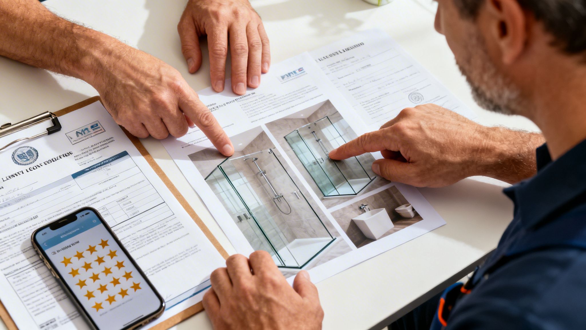 Two men discuss custom shower designs from a brochure, pointing at options, with a phone displaying customer reviews.