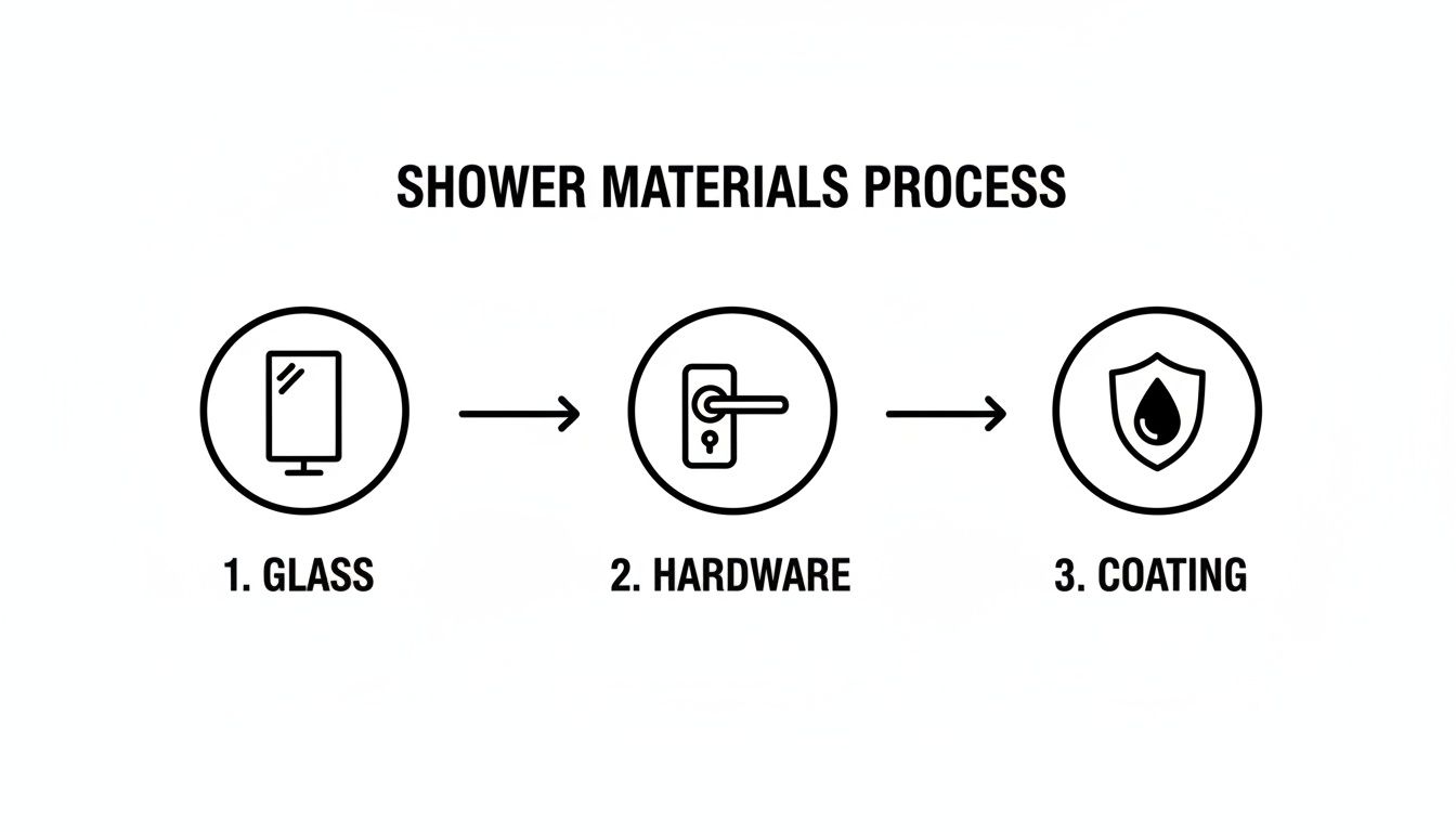 A diagram illustrating the shower materials process, showing steps from glass, to hardware, then to coating.