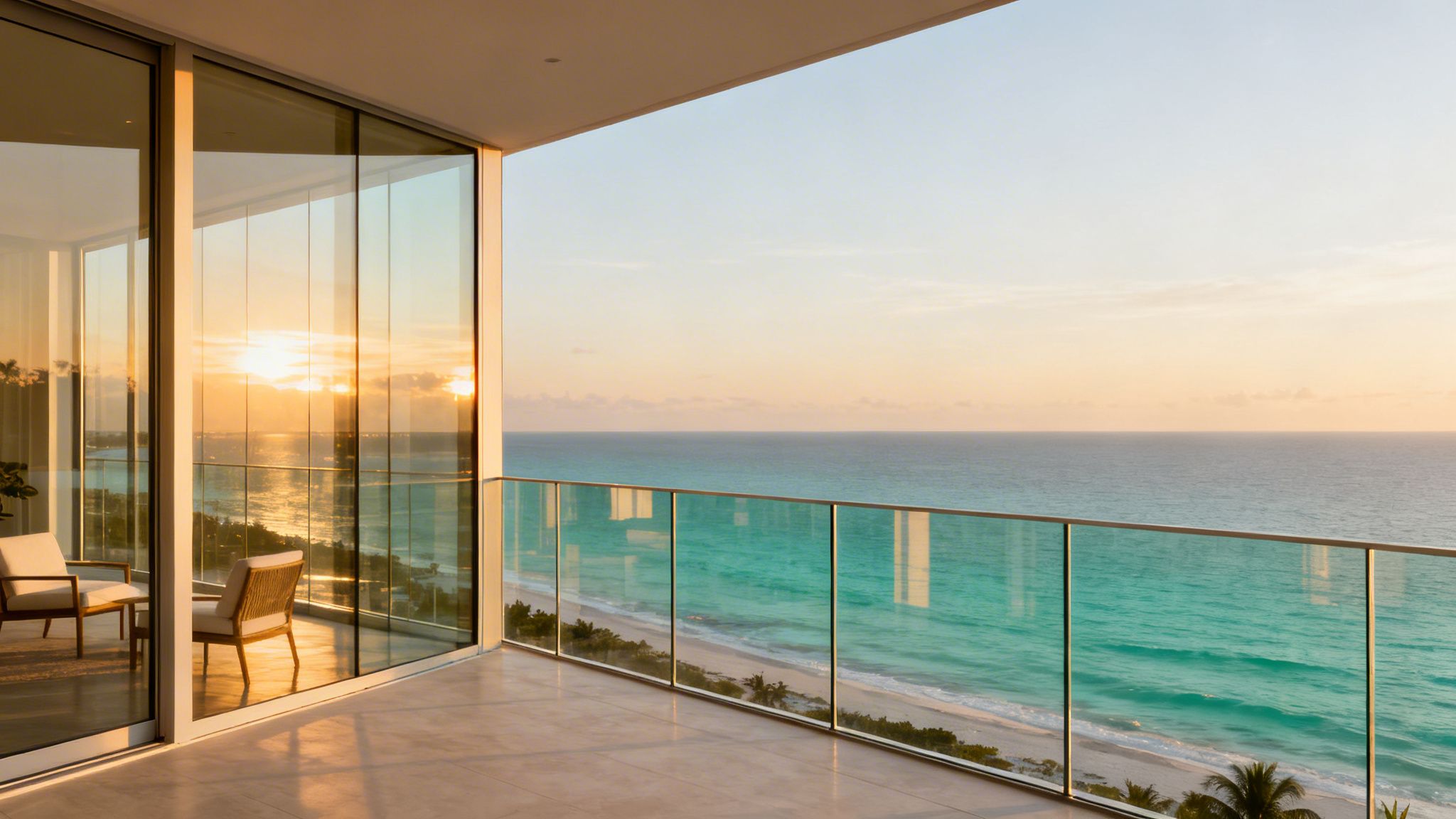 A luxurious balcony with frameless glass railings overlooking a beautiful turquoise ocean at sunset.