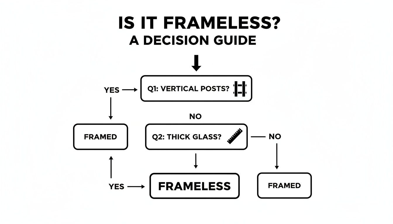 Flowchart: Is it Frameless? A decision guide based on vertical posts and glass thickness.