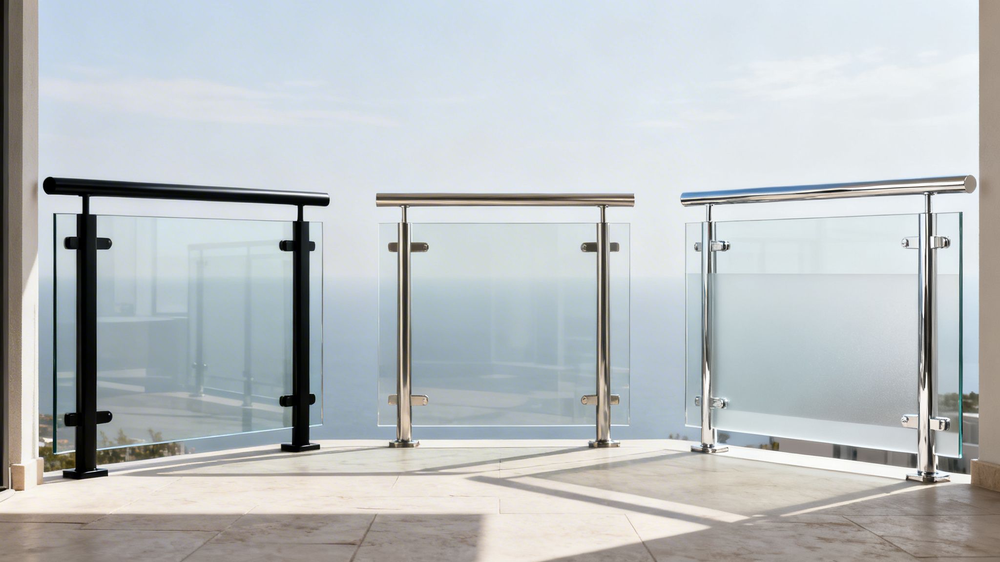 Variety of glass balcony railings, including black, stainless steel, and frosted panel options.