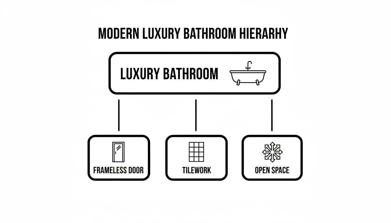A hierarchy diagram illustrating key components of a modern luxury bathroom, including frameless doors, tilework, and open space.