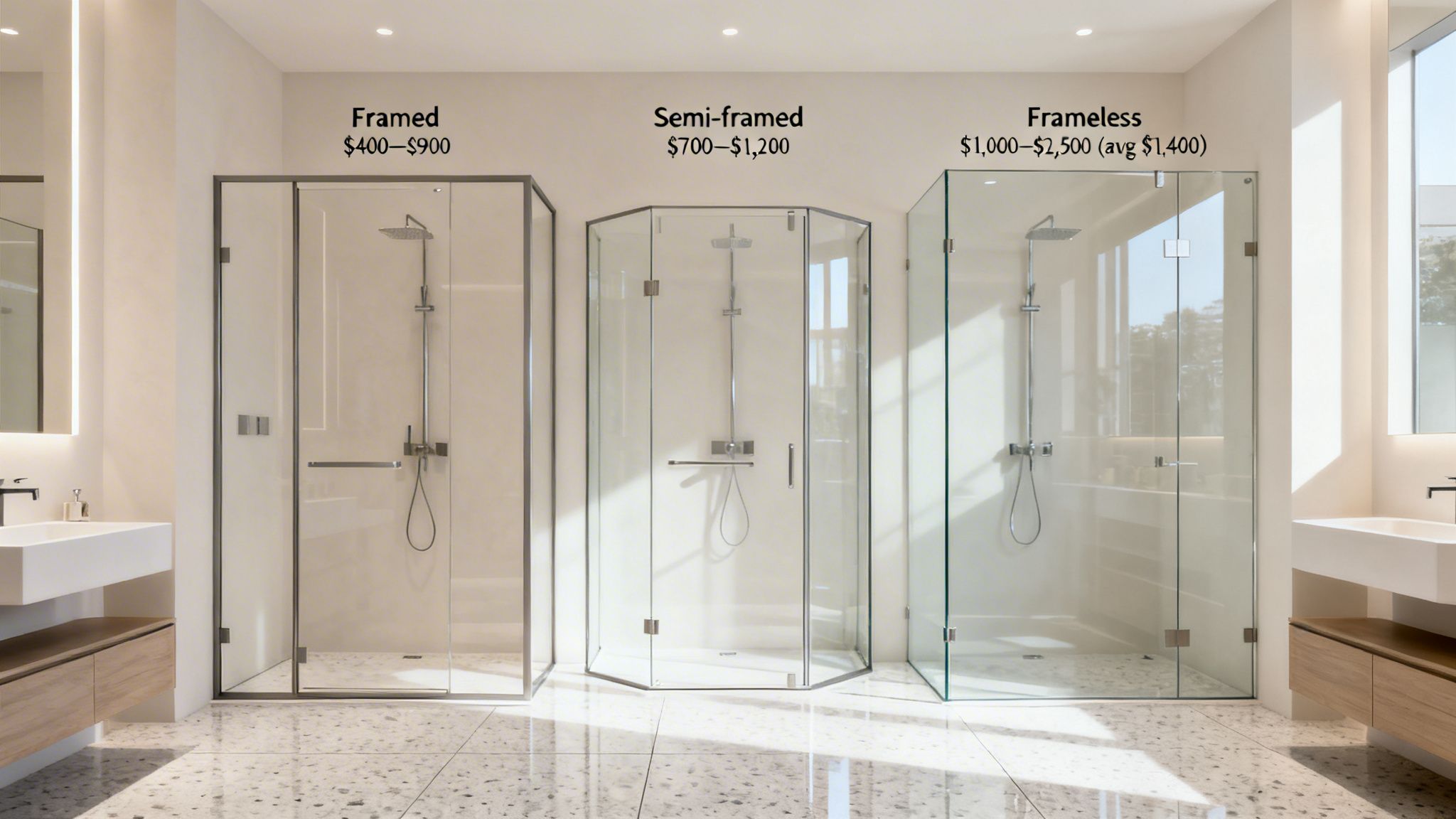 Three types of shower enclosures: framed, semi-framed, and frameless, with price ranges.