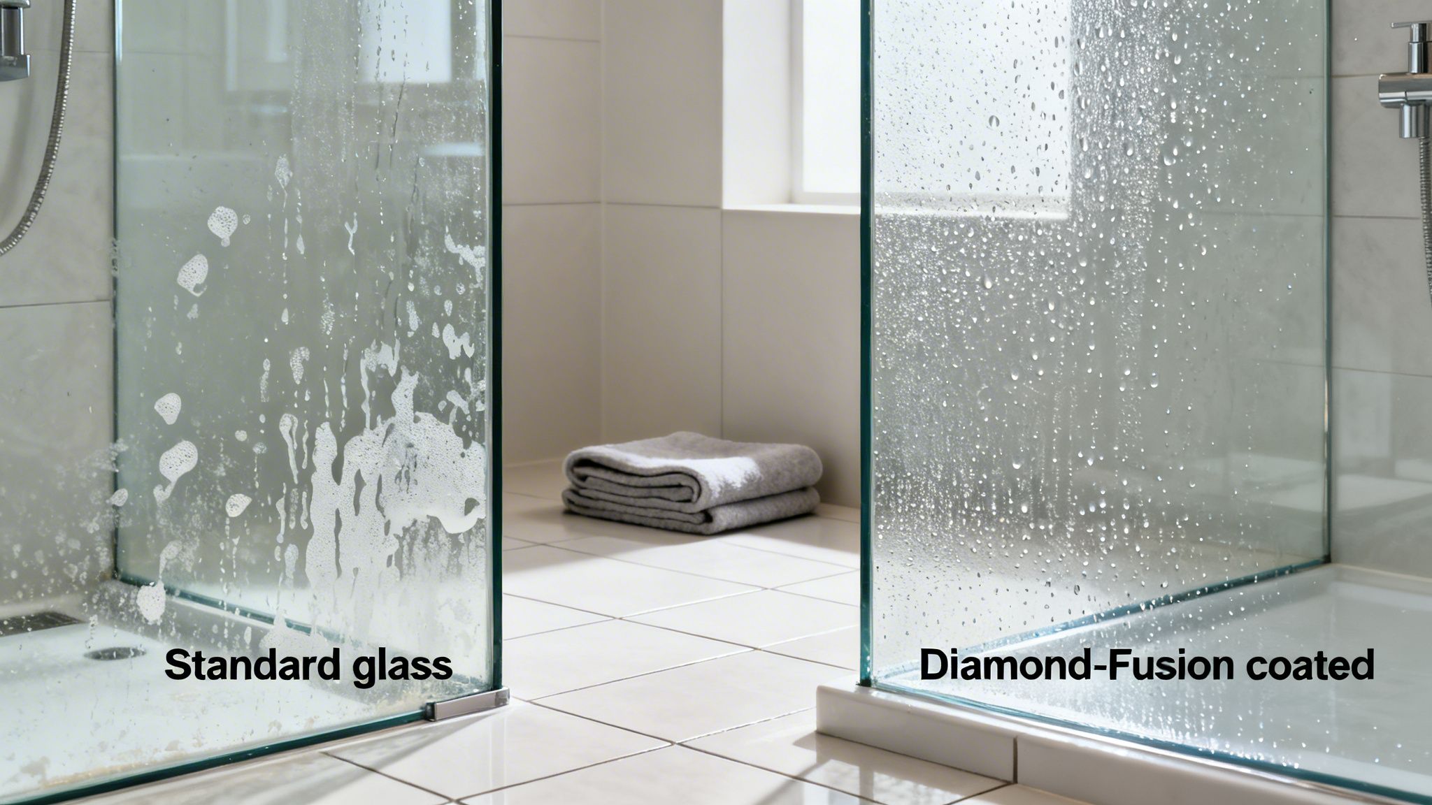 Side-by-side comparison of standard and Diamond-Fusion coated shower glass showing water beading.