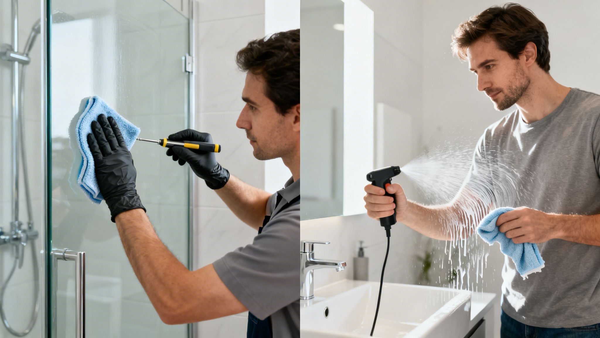 Two men cleaning bathroom glass: one wiping a shower door, another spraying a mirror.
