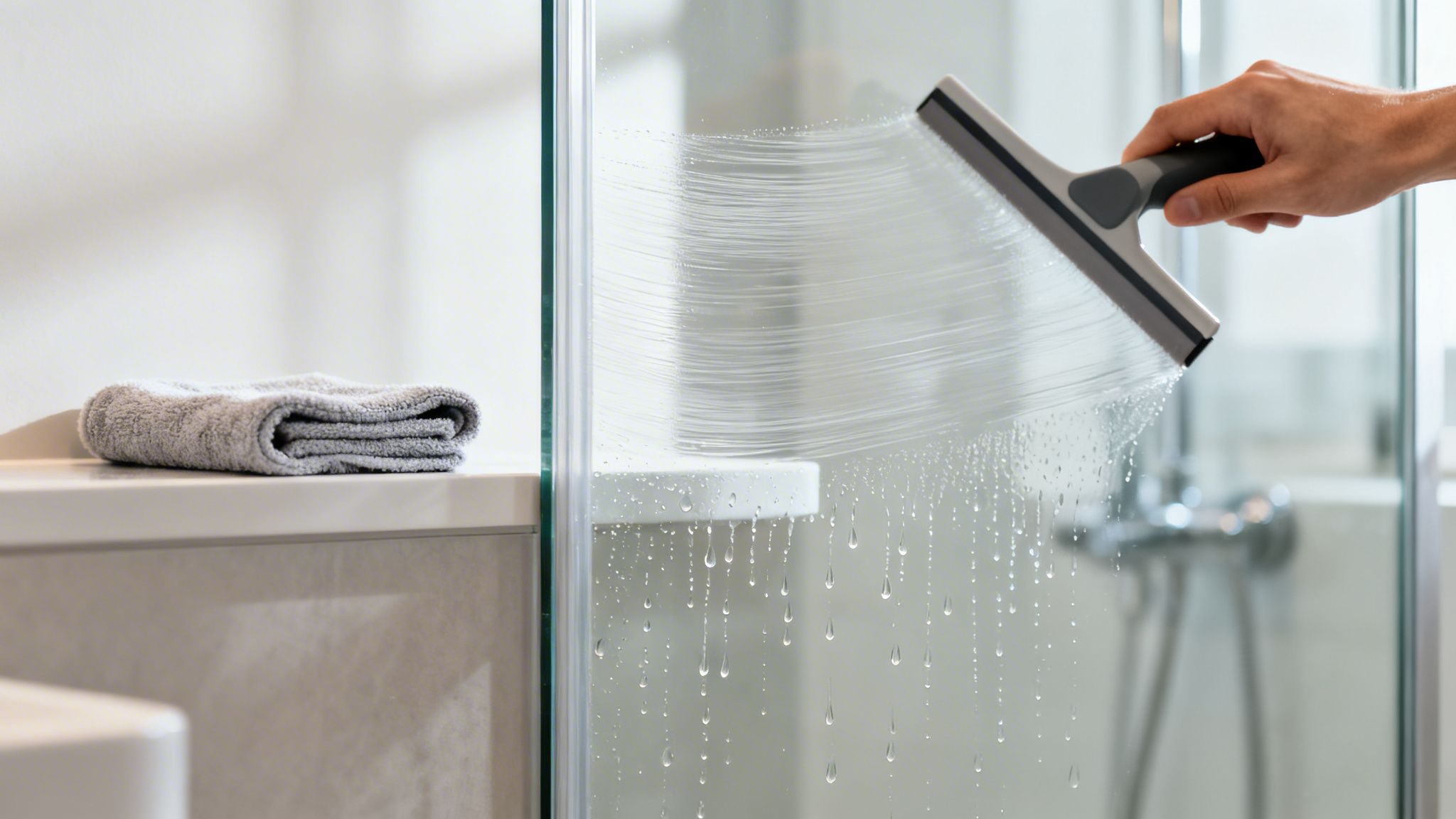 A hand cleans a wet glass shower door with a squeegee; a folded gray towel rests on a shelf.