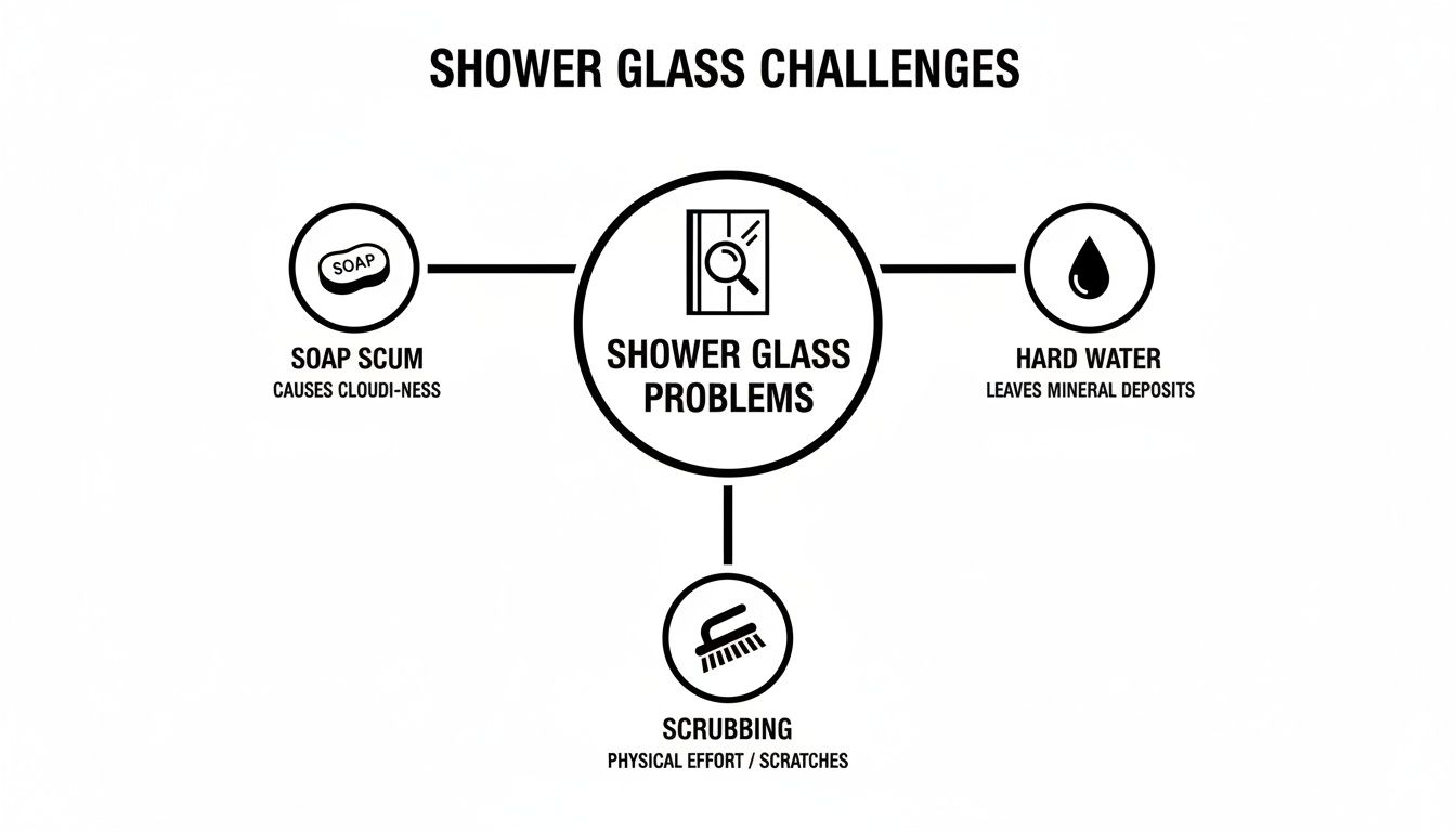 Diagram illustrating common shower glass problems including soap scum, hard water, and scrubbing.