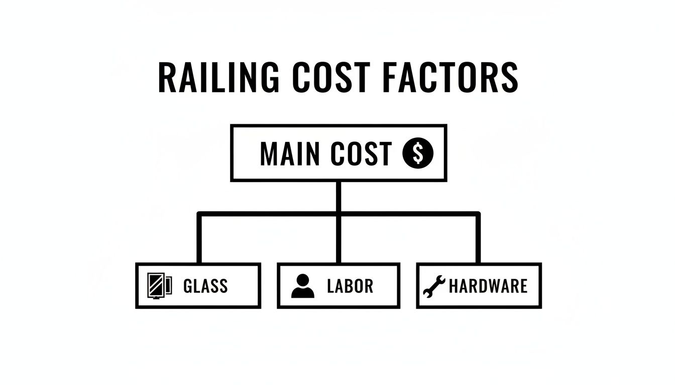 A flowchart illustrates railing cost factors, breaking down main cost into glass, labor, and hardware.