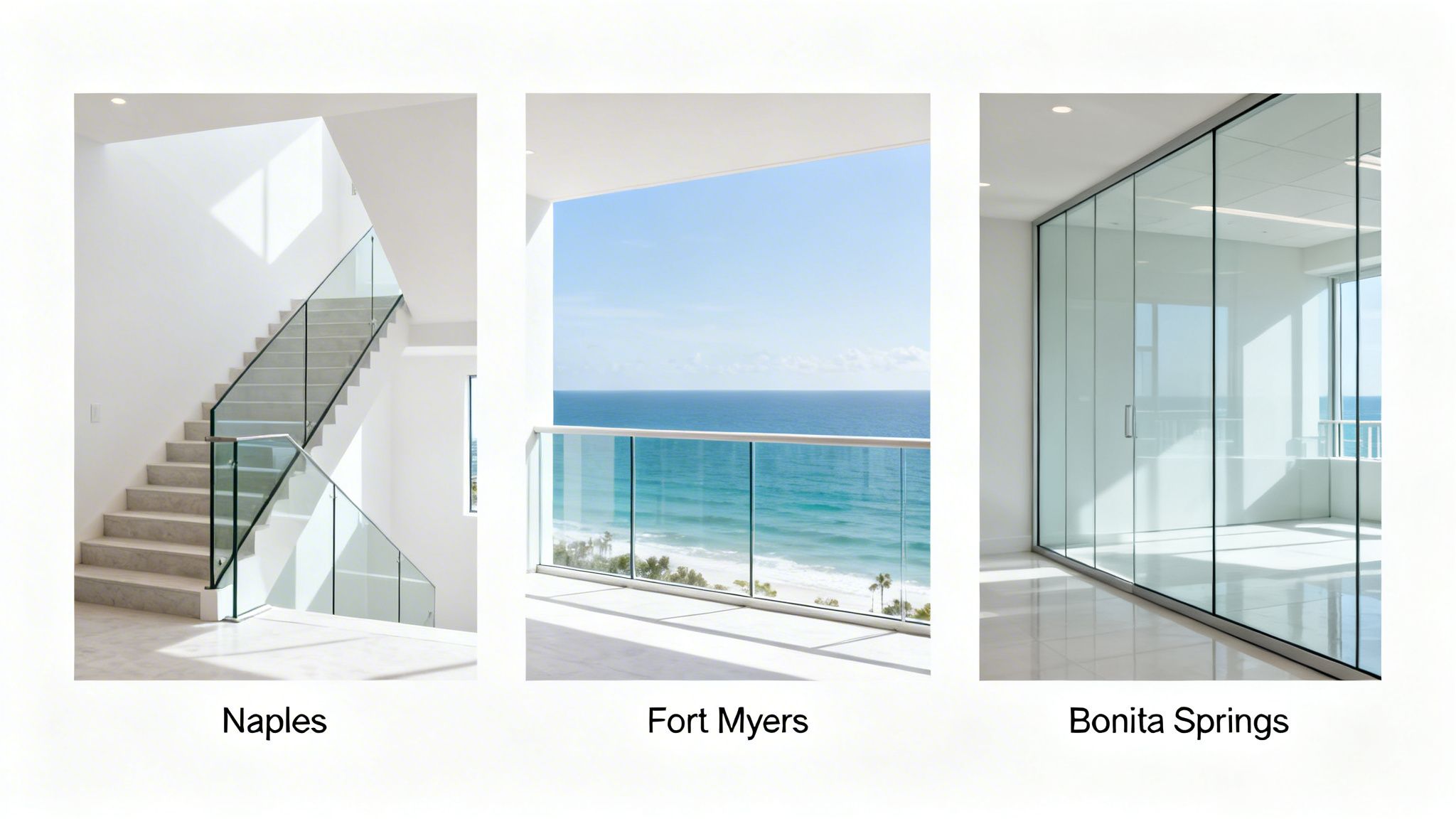 Modern glass railings and partitions for staircases, balconies, and interiors, enhancing views.
