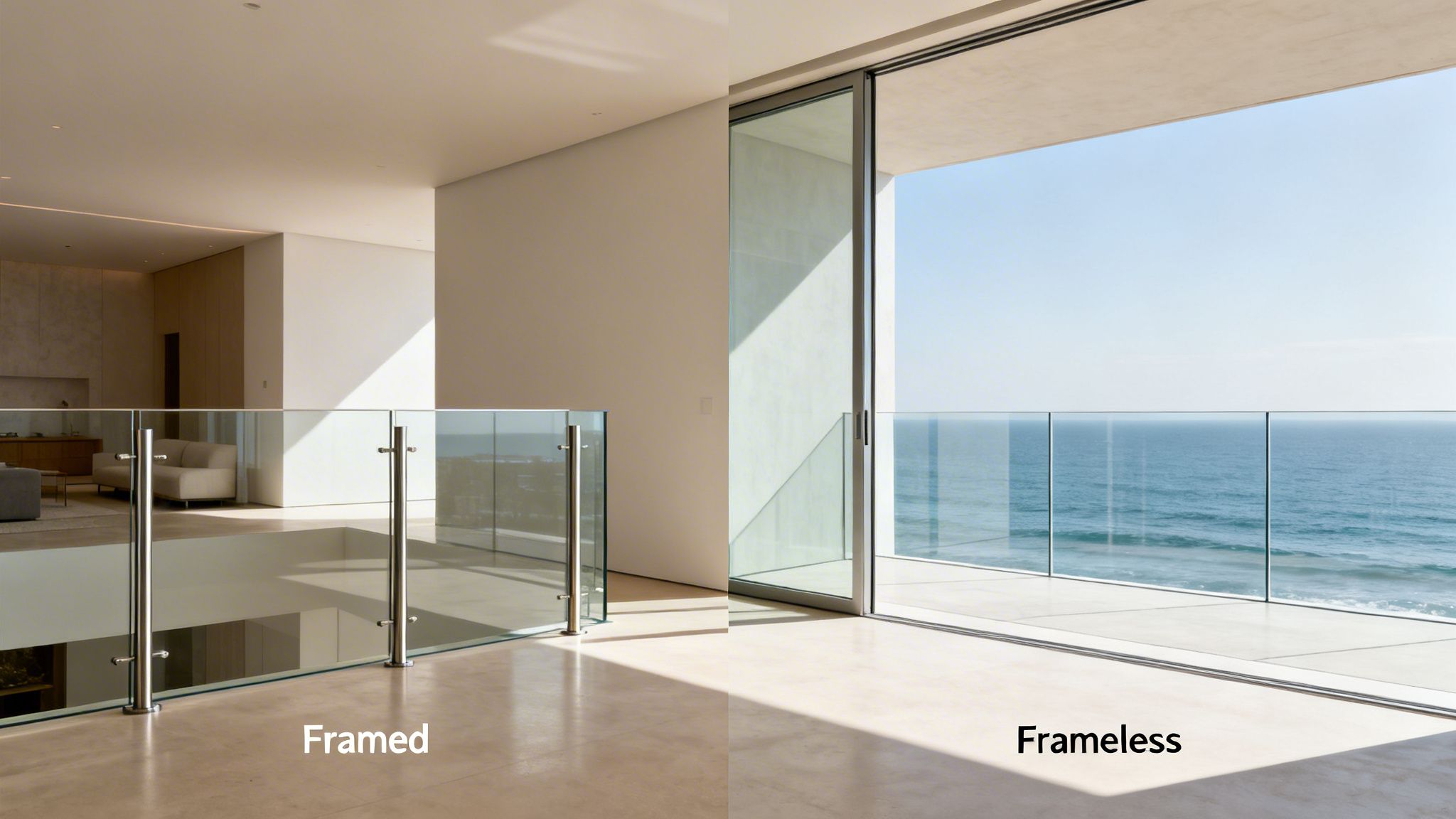 Modern interior showcasing framed glass railings on a balcony and frameless glass railings overlooking the ocean.