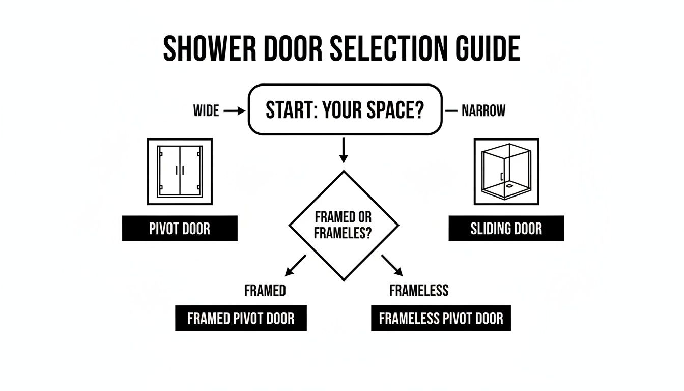 Flowchart illustrating a shower door selection guide based on space (wide/narrow) and frame type (framed/frameless).