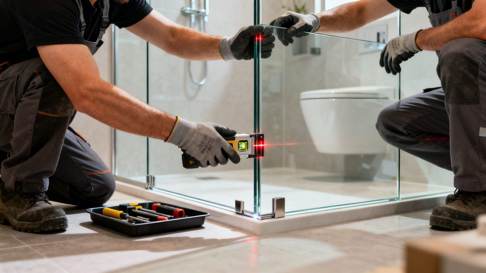 Two professional workers carefully install a modern pivot glass shower door in a tiled bathroom, using a laser level.