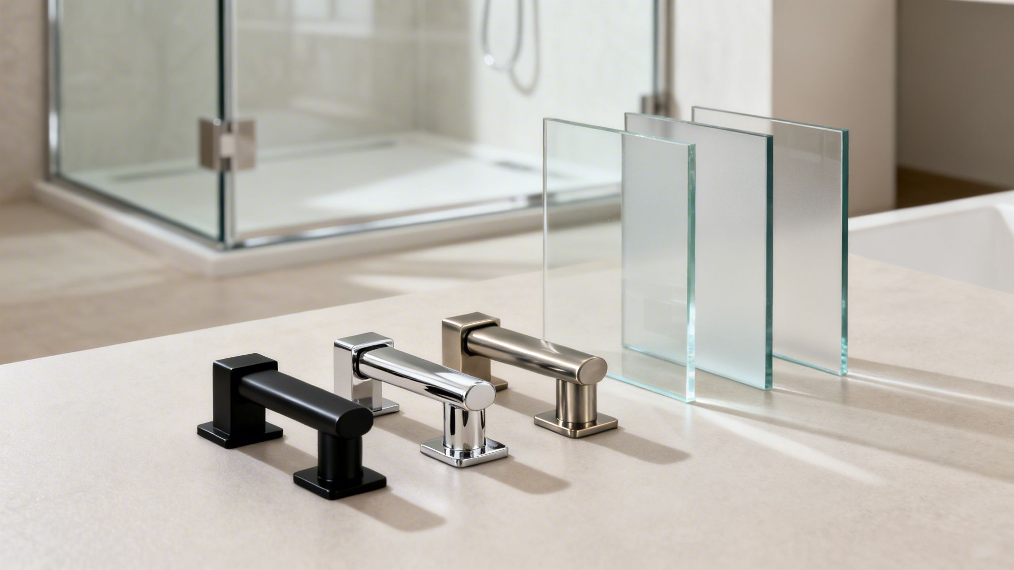 Stylish black, chrome, and brushed nickel shower door handles with clear and frosted glass samples.