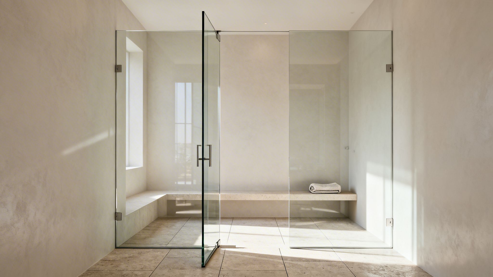 Modern walk-in shower featuring a pivot glass door, light stone bench, and textured beige walls.