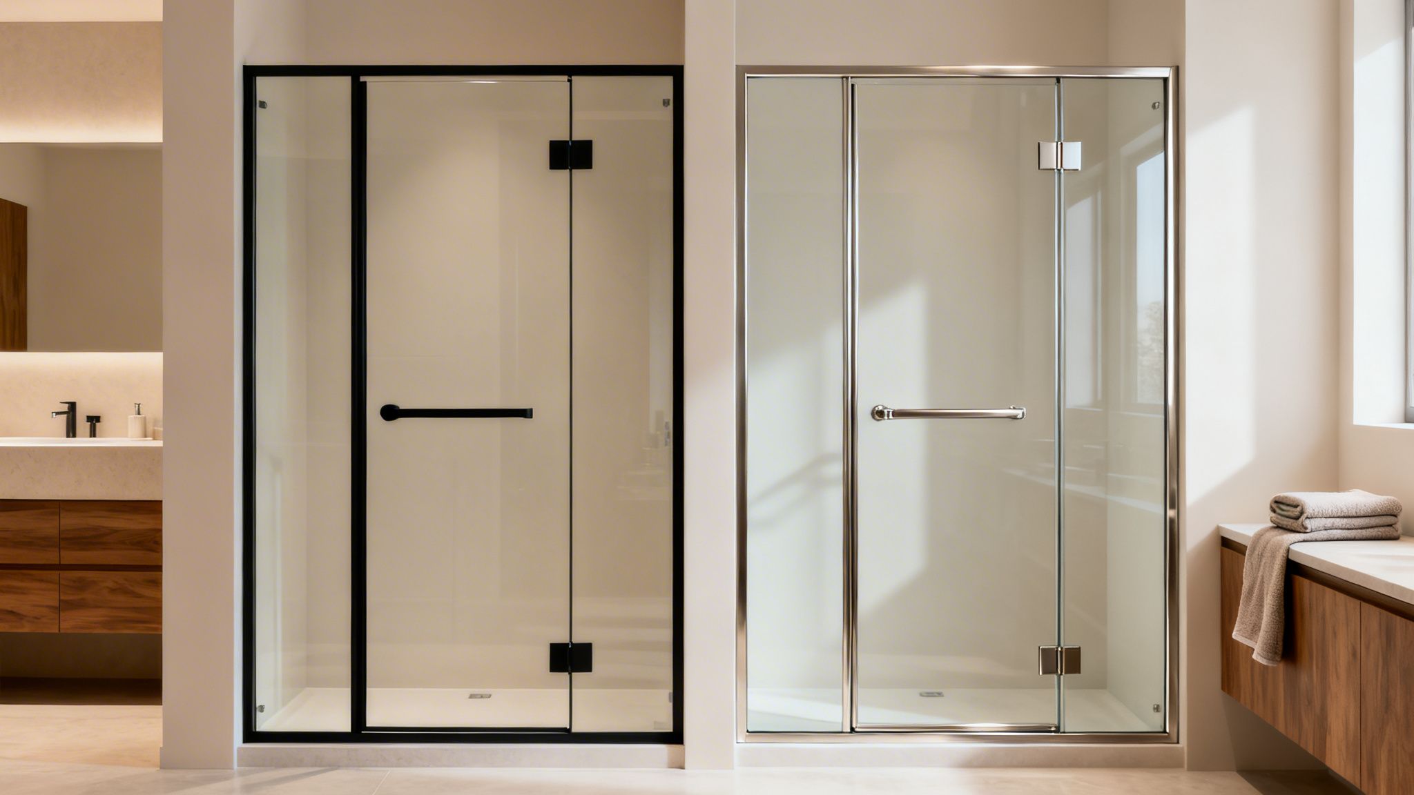 Two modern glass shower enclosures, one black-framed and one chrome-framed, in a stylish bathroom.