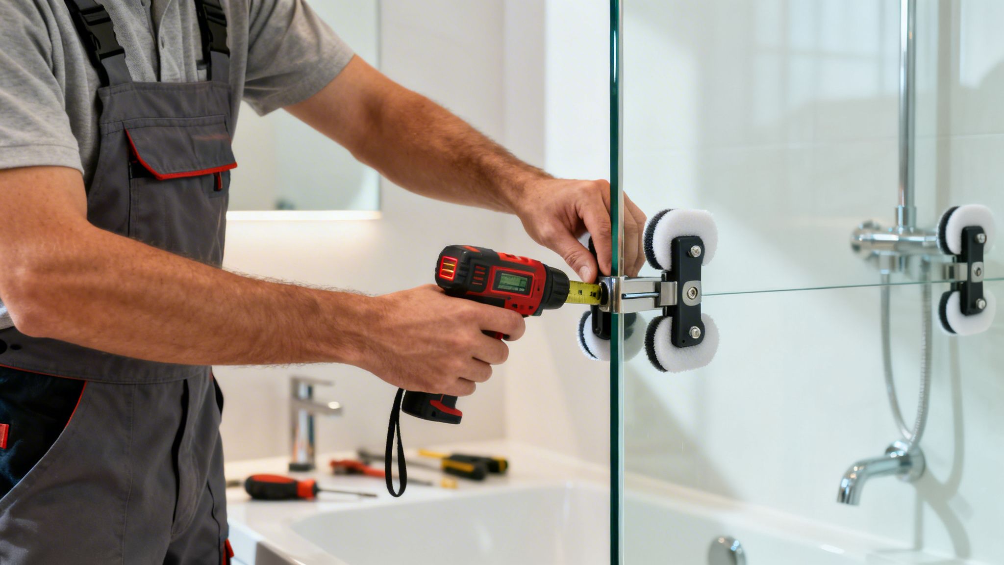 A person in grey overalls installs a glass shower door using a drill and measuring tape.
