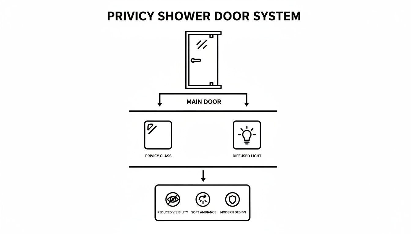 Flowchart detailing the Privacy Shower Door System, featuring privacy glass, diffused light, reduced visibility, soft ambiance, and modern design.
