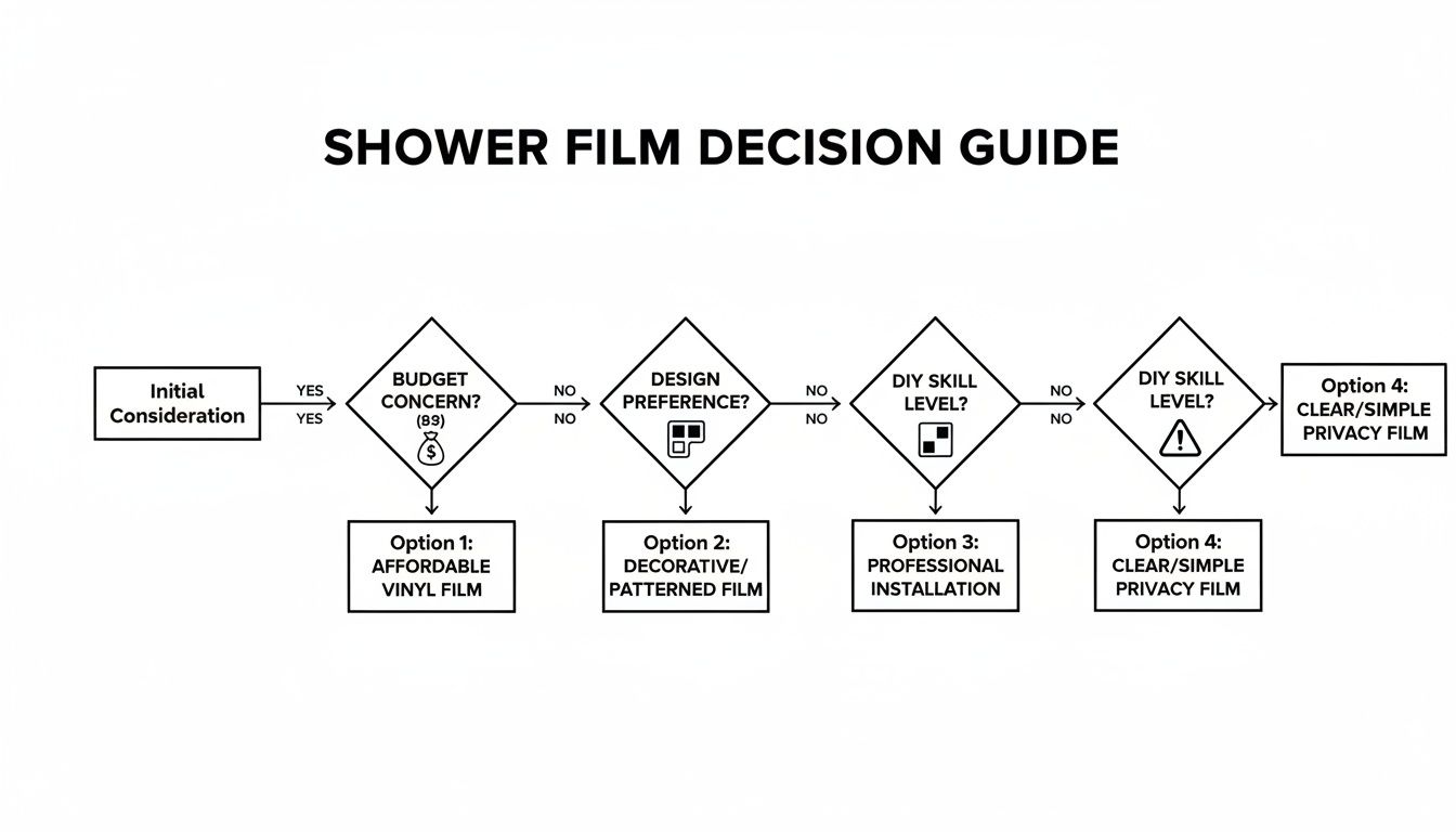 A flowchart guiding decisions for shower film based on budget, design, and DIY skill levels.