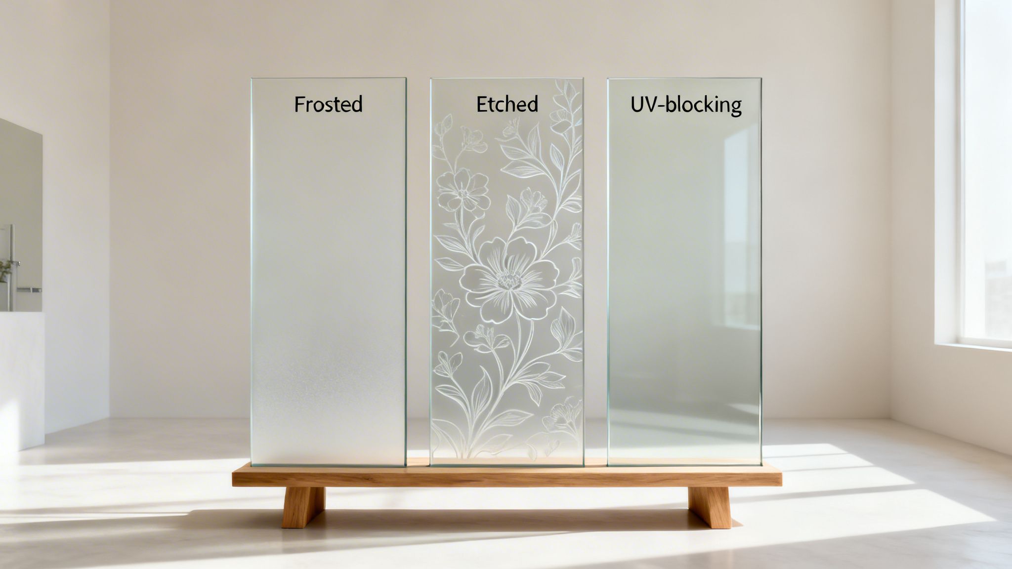 Three glass shower door films: frosted, etched with floral design, and UV-blocking, displayed on a wooden stand.