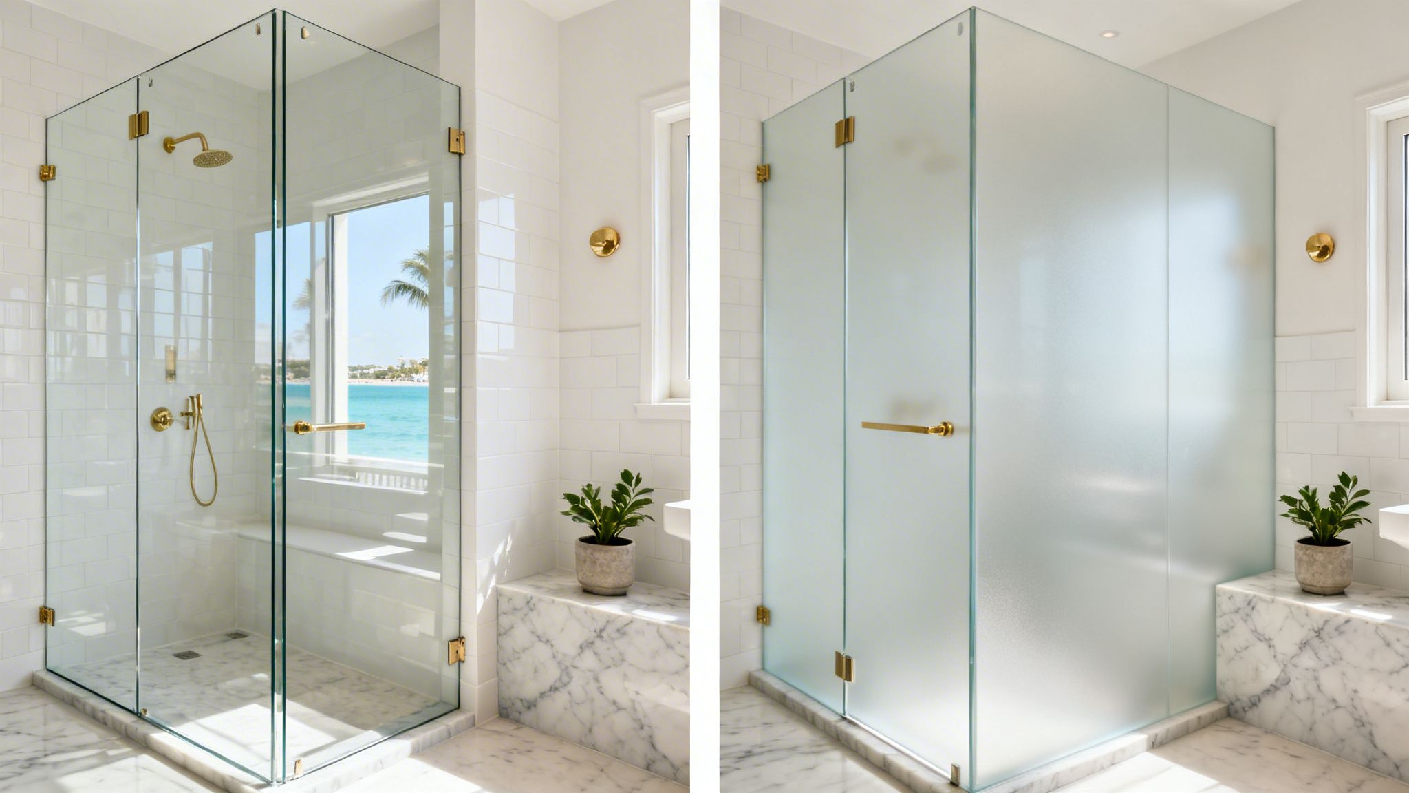 Luxury bathroom featuring a clear glass shower with ocean view and a frosted glass shower.