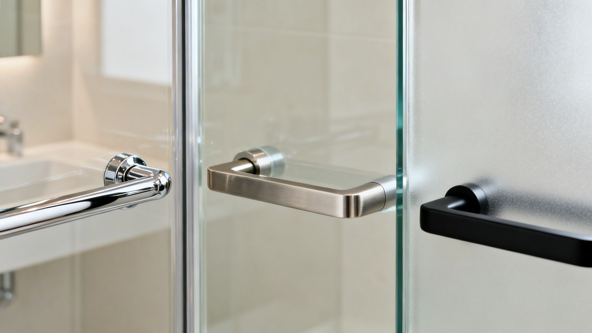 Three distinct shower door handles in chrome, brushed nickel, and matte black finishes on glass.