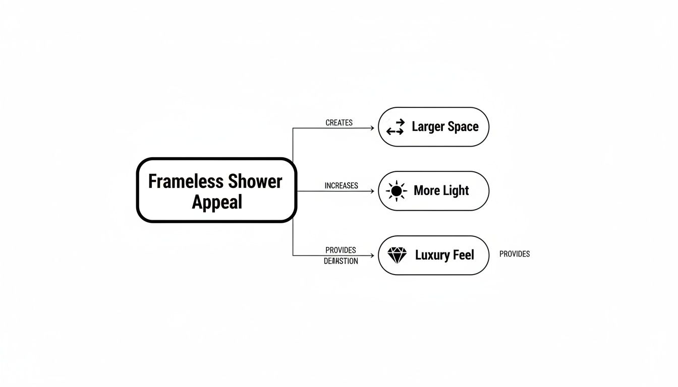A mind map illustrating the appeal of frameless showers, highlighting benefits like larger space, more light, and luxury feel.
