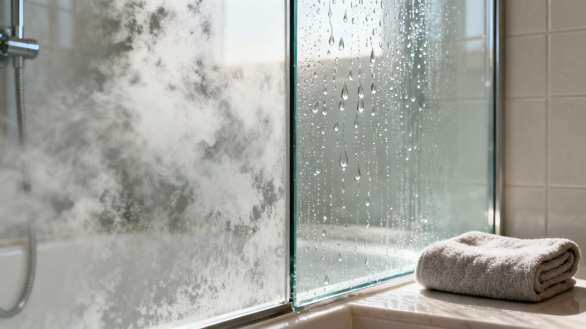 A steamy glass shower door with water droplets, a folded grey towel, and tiled bathroom walls.