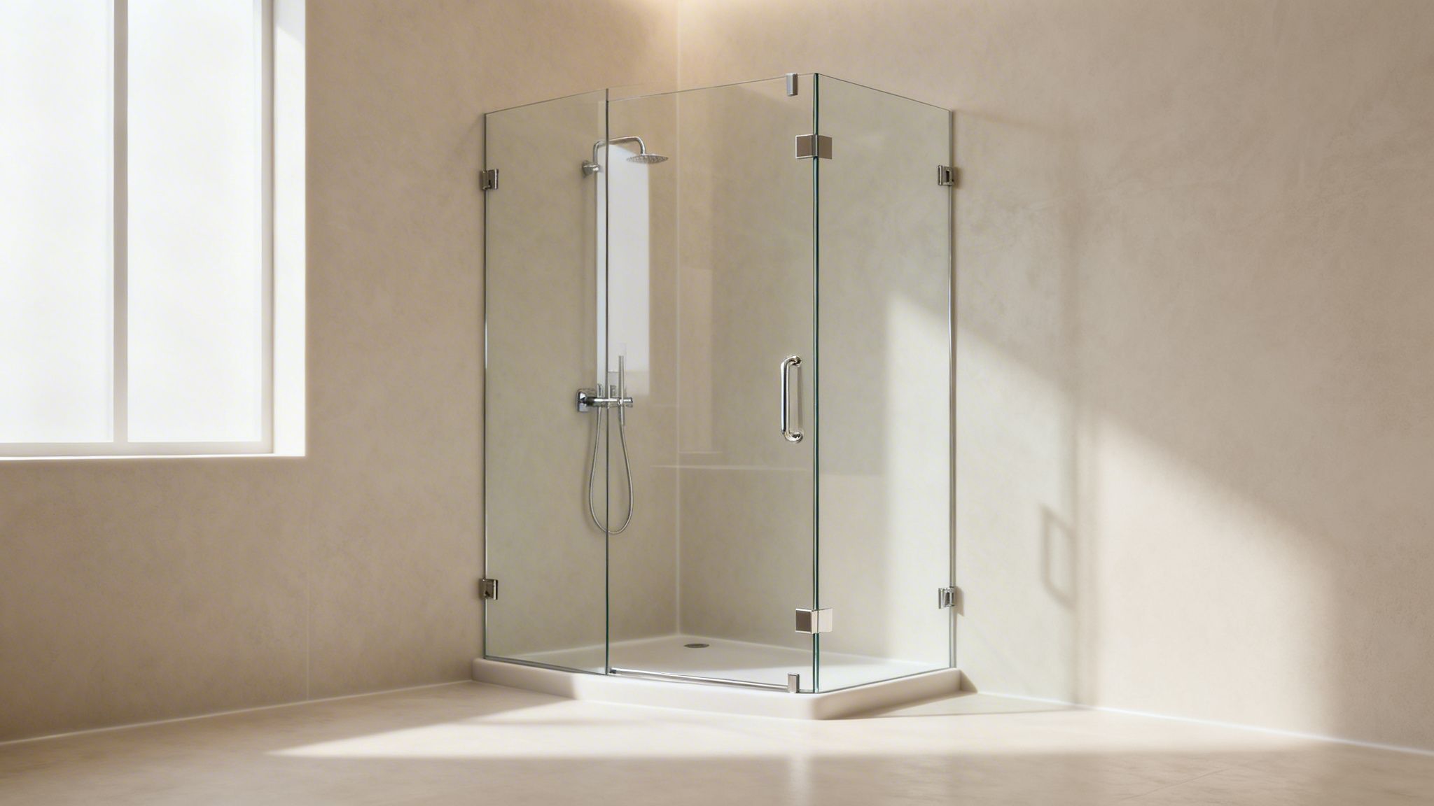 Modern corner glass shower enclosure with chrome fixtures and a white base in a bright bathroom.