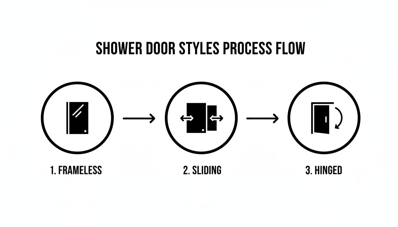 A process flow diagram illustrating three shower door styles: frameless, sliding, and hinged.