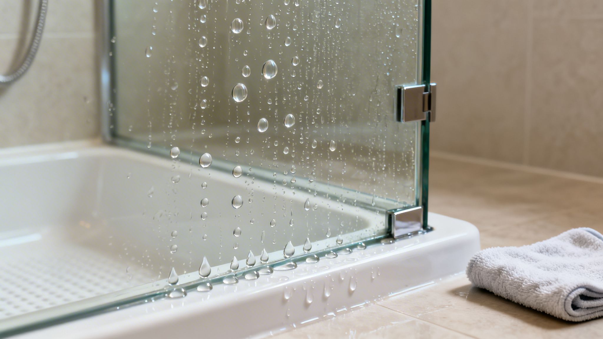Close-up of a wet glass shower door with water droplets, a white shower pan, and a towel.