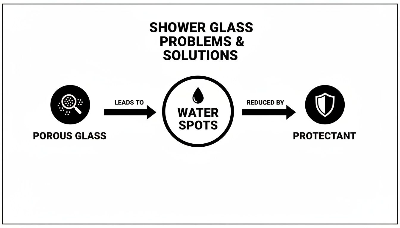 Flowchart illustrating shower glass problems: porous glass leads to water spots, reduced by protectant.