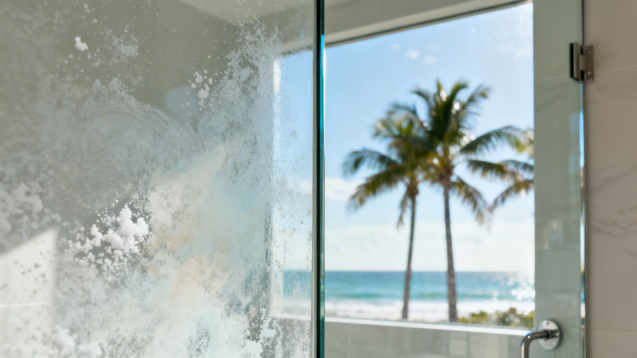 Grungy shower glass covered in white stains contrasts with a clear, sunny beach view.