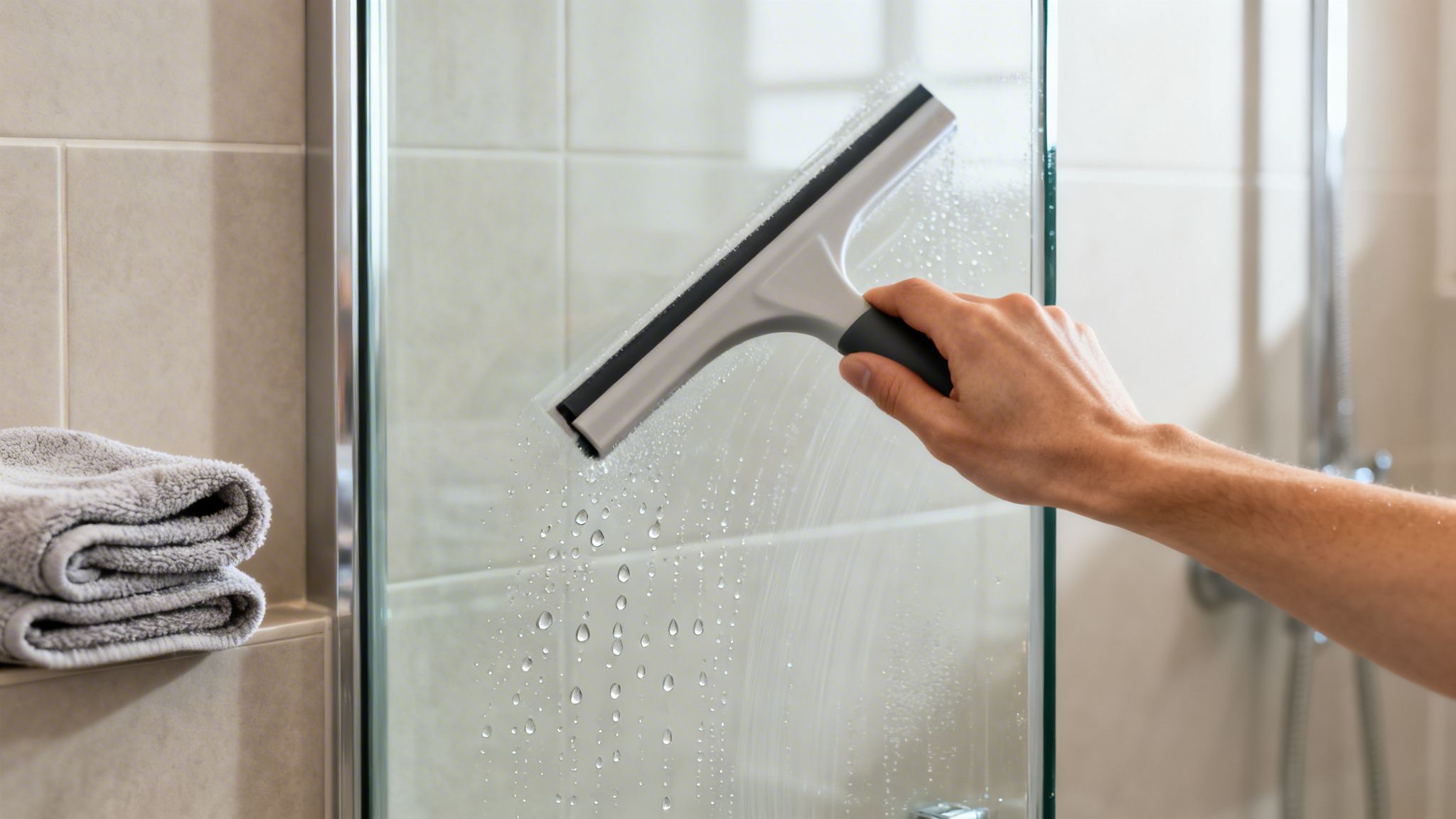 A hand using a squeegee to clean water from a glass shower door in a bathroom.