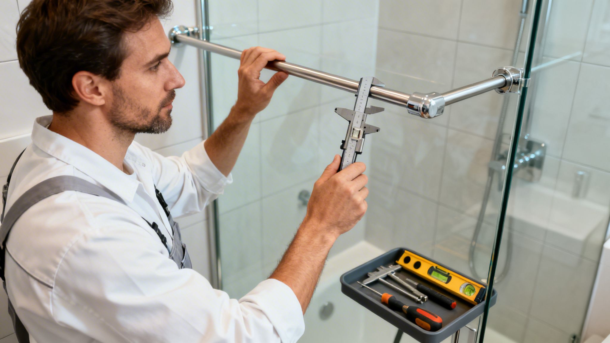Professional installer measuring a chrome shower header bar with a caliper for precise installation.