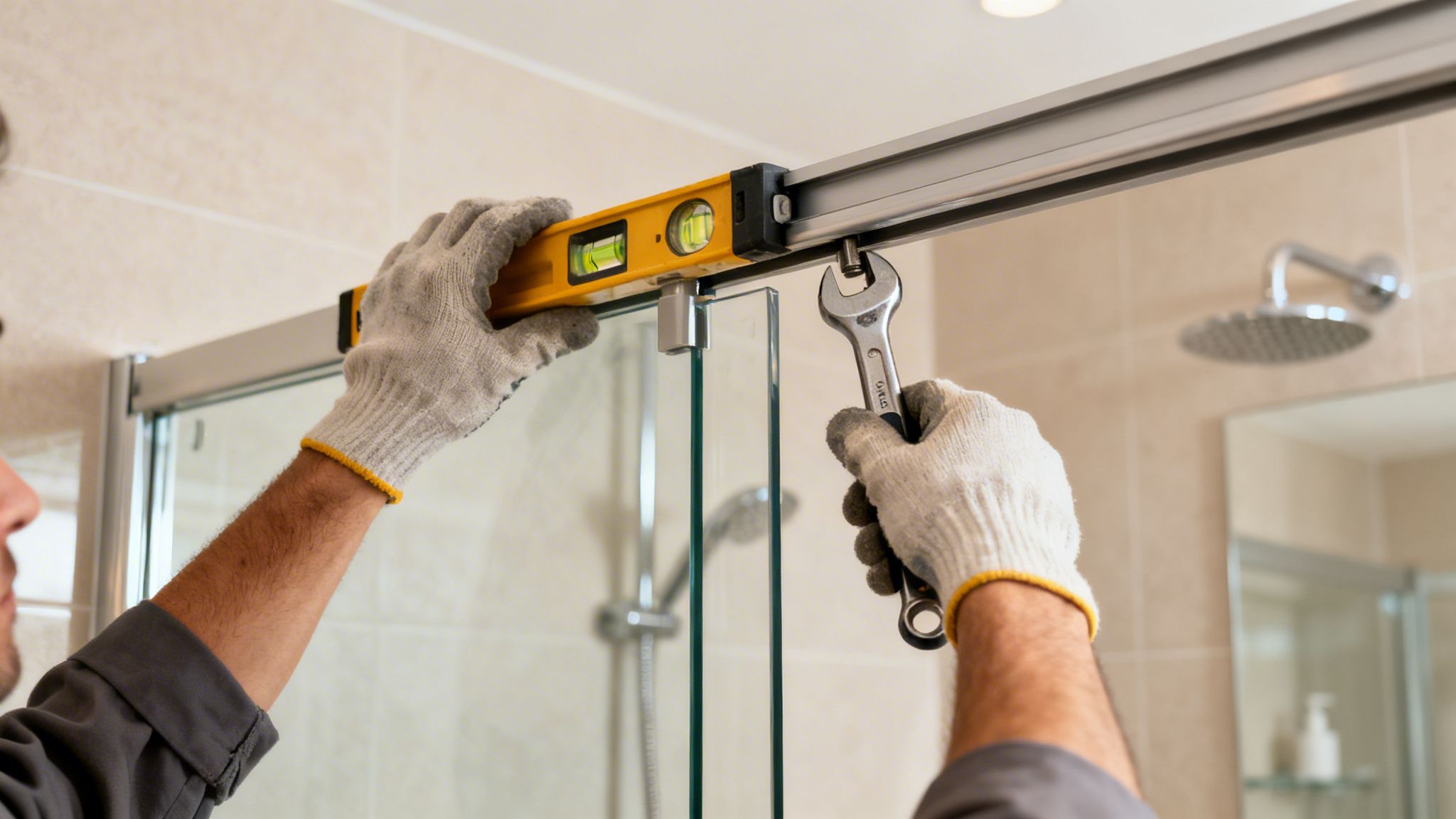 Professional installing sliding shower door hardware, using a level and wrench in a bathroom.