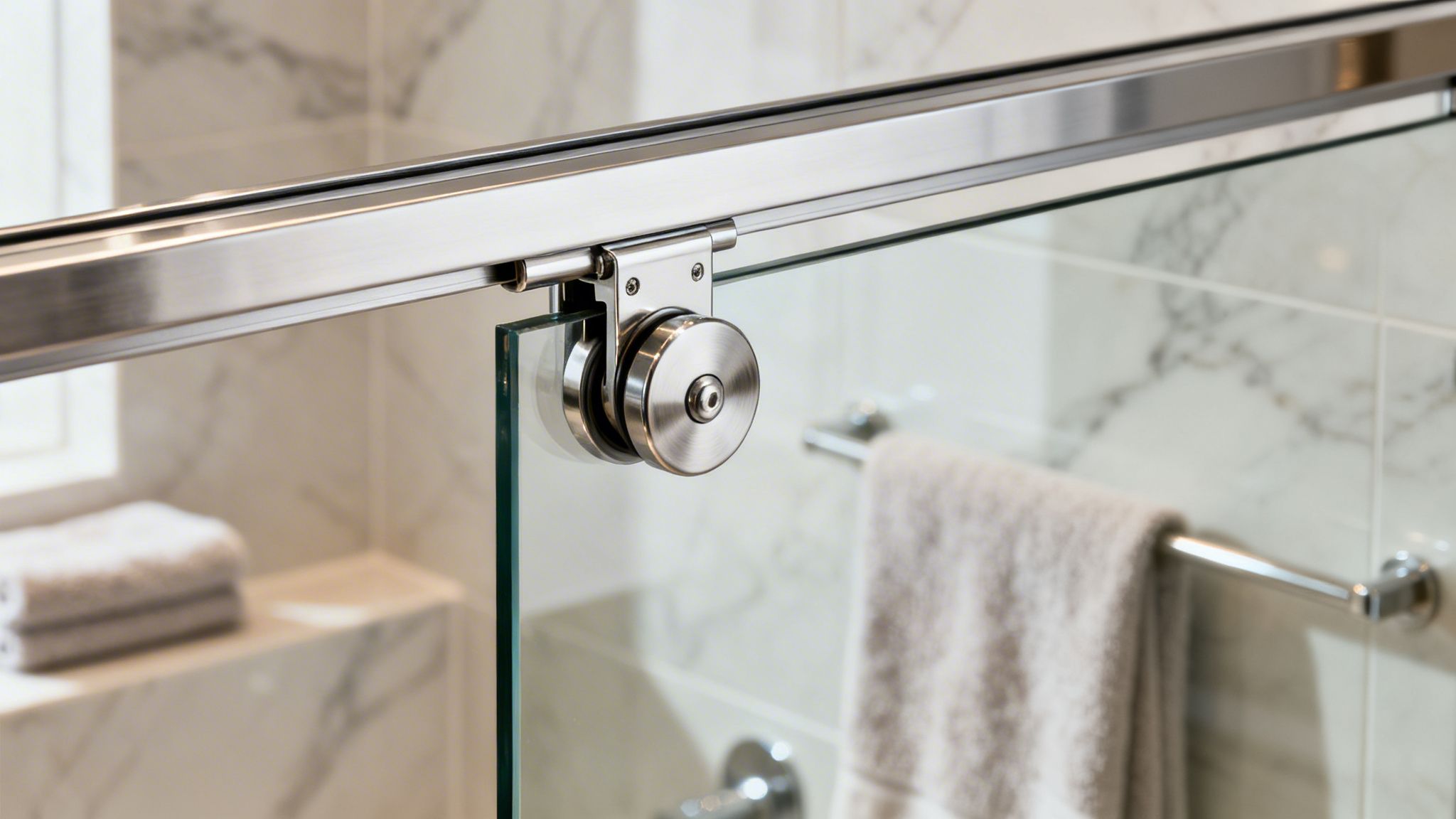Detail of a sliding glass shower door's brushed nickel roller hardware in a contemporary bathroom.