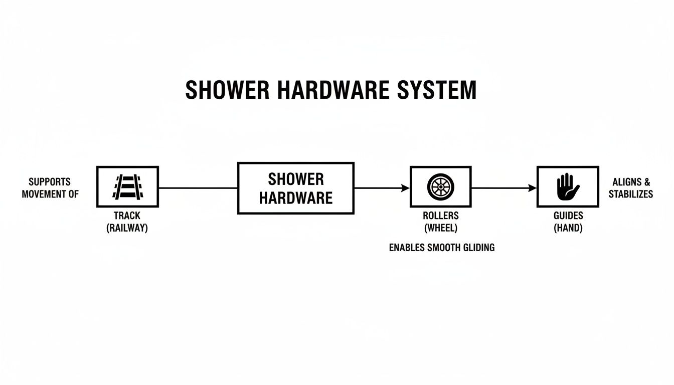Diagram illustrating the components of a shower hardware system, including track, rollers, and guides.