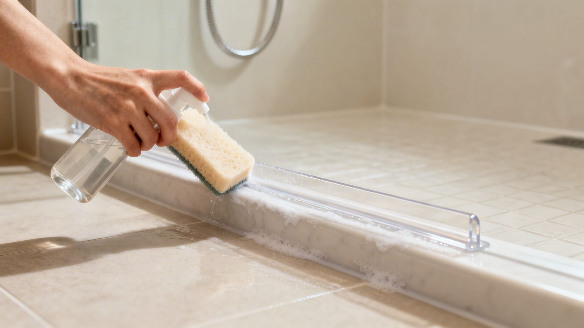 A person's hand cleans a shower splash guard with a spray bottle and sponge, creating suds.