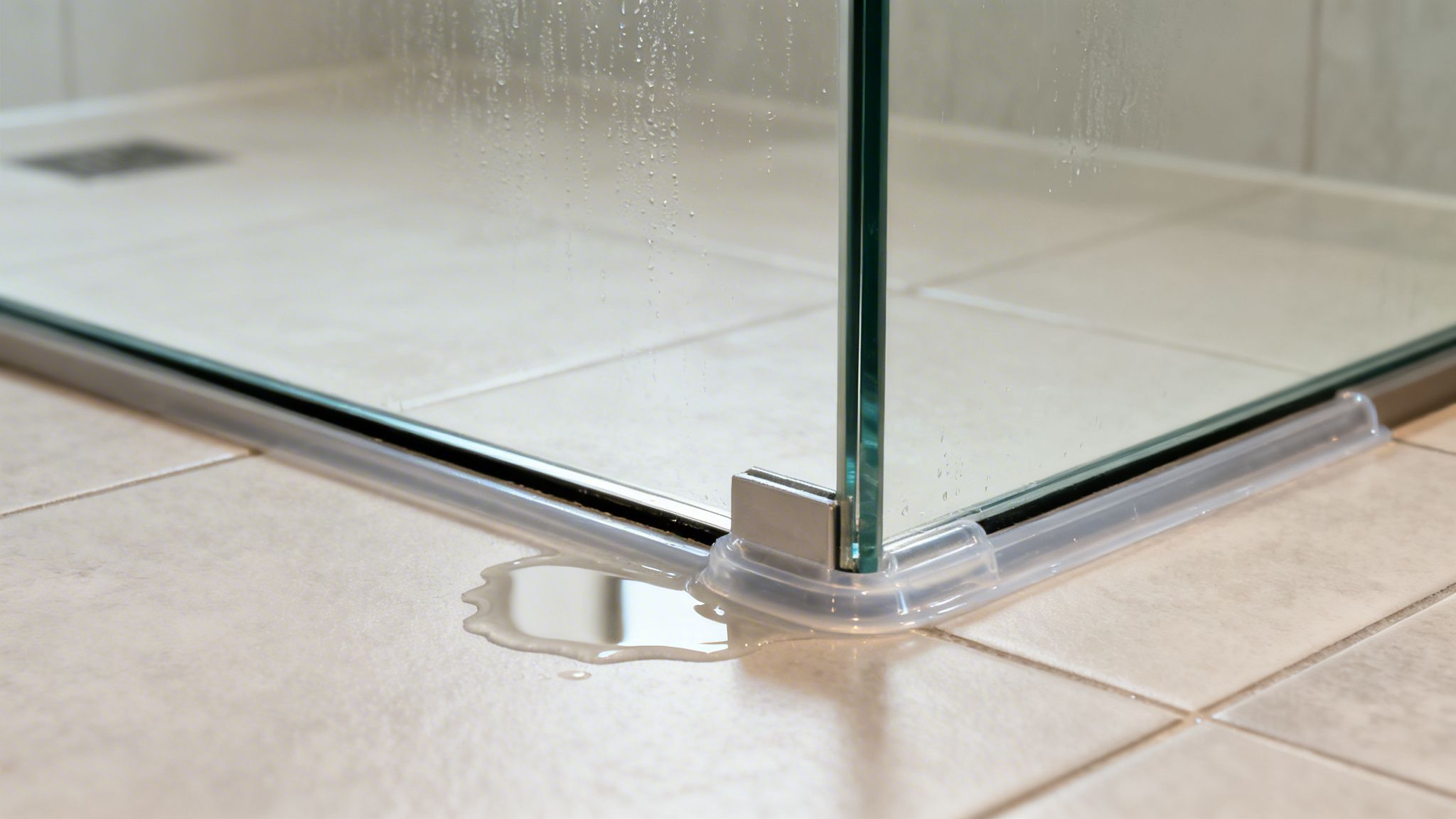 Water leaking from a glass shower enclosure onto the tiled bathroom floor, highlighting a splash guard issue.