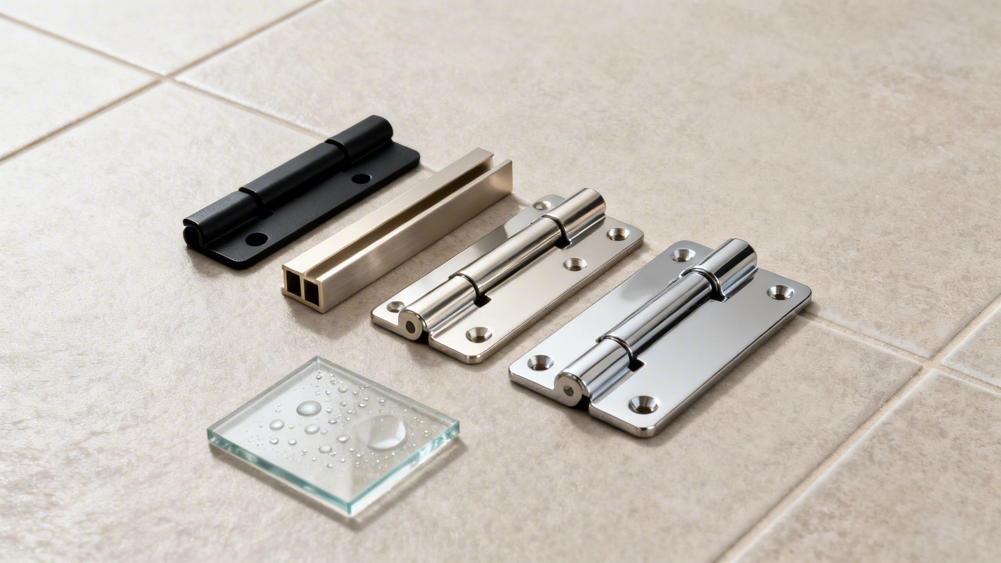 A display of various metal door hardware, including black, silver, and gold hinges, alongside a glass piece with water droplets.
